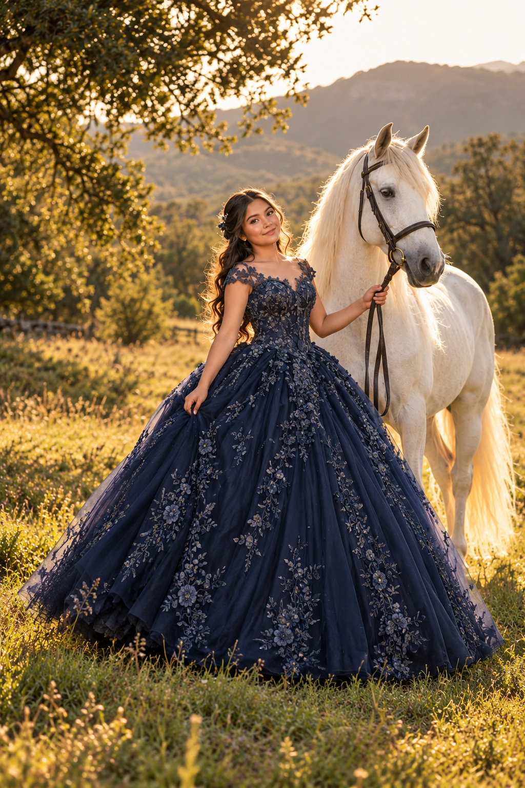Valeria con vestido azul marino junto al caballo