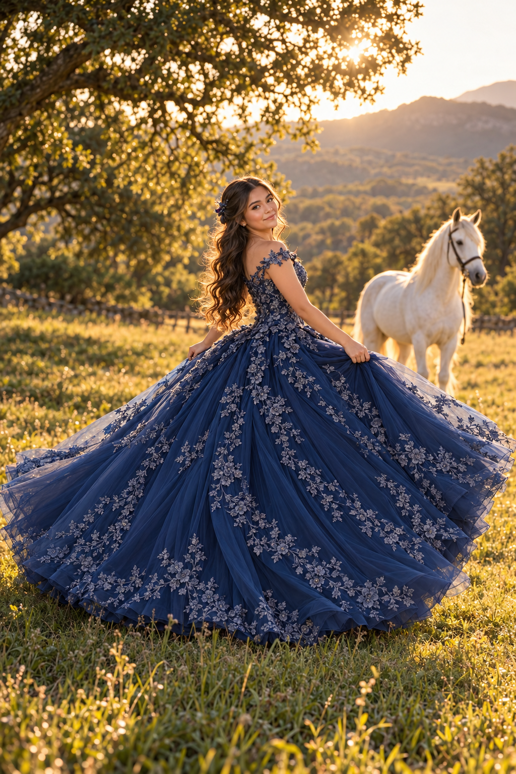 Valeria girando con vestido azul marino