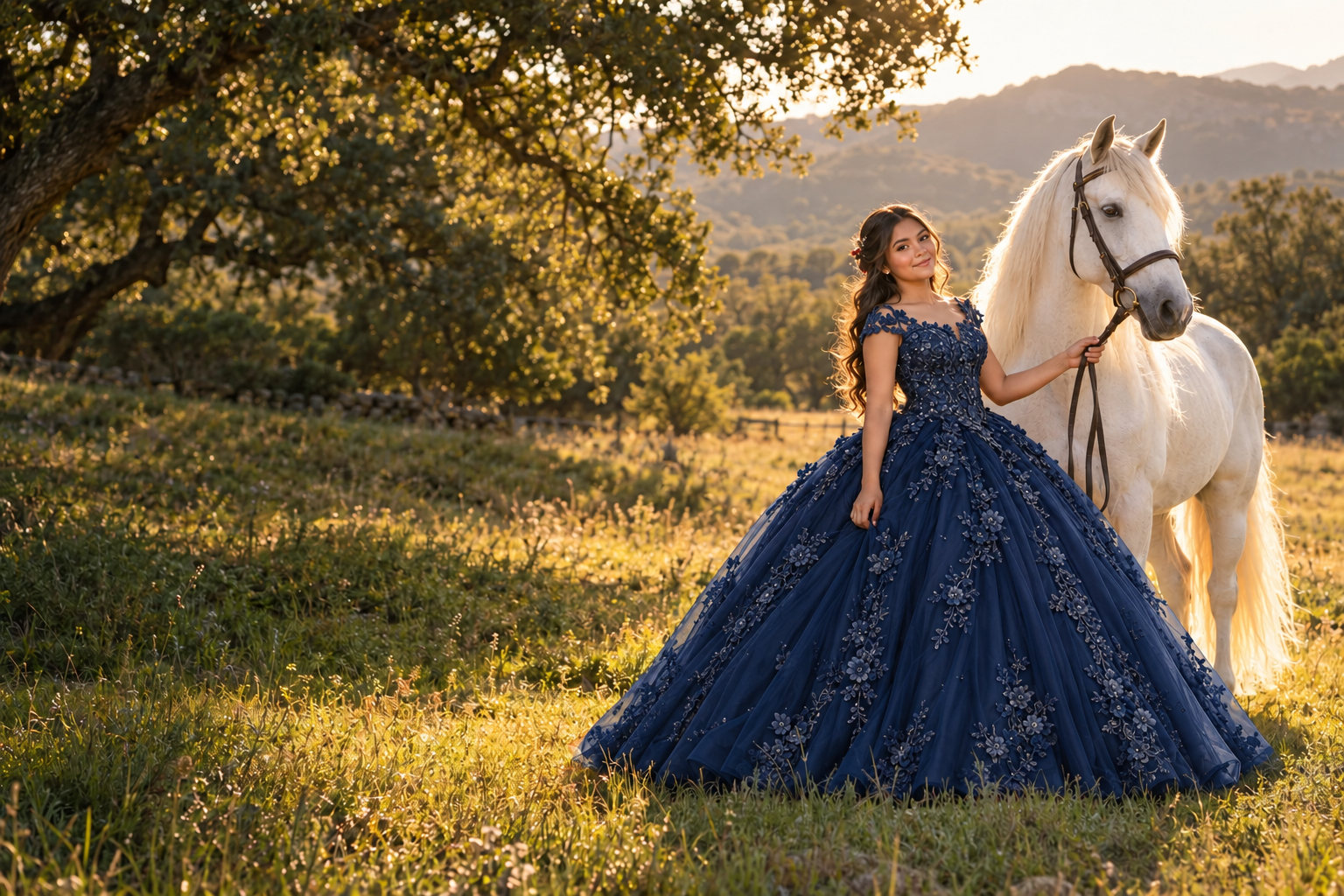 Valeria con vestido azul marino junto a un caballo blanco al atardecer